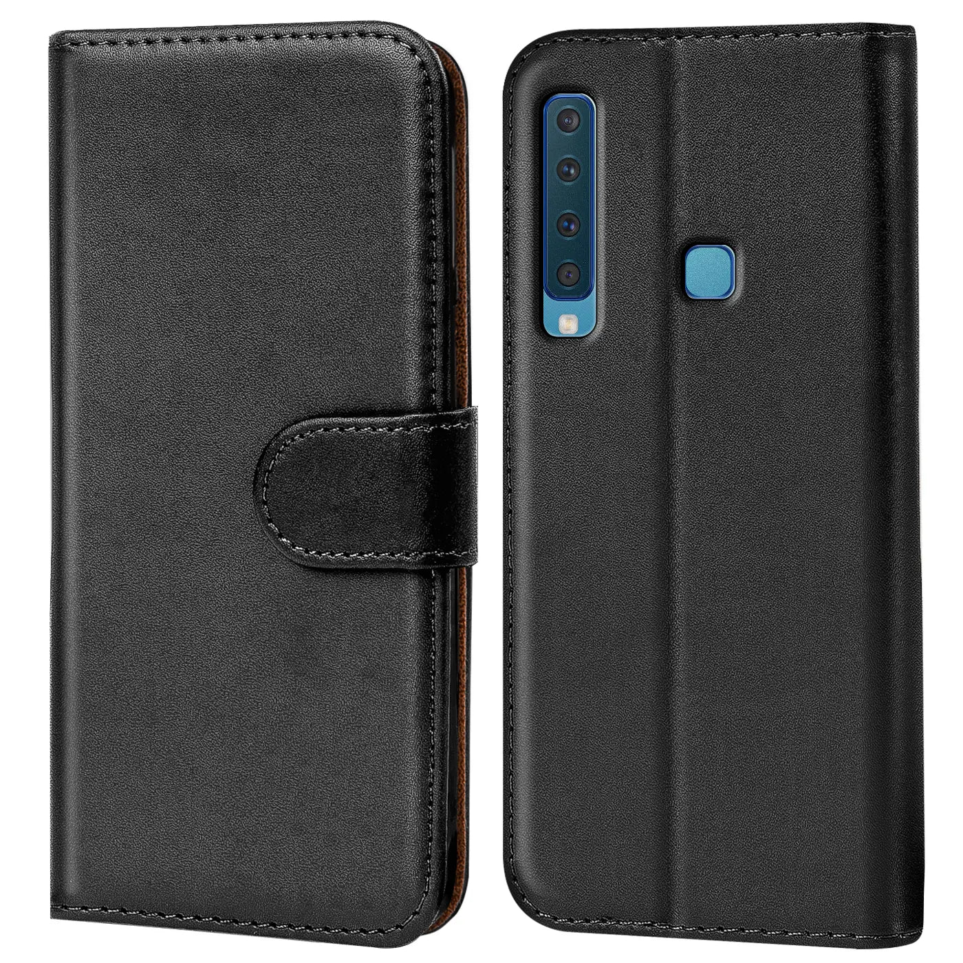 Schwarze Leder-Klapphülle mit Kartenfächern, Vorder- und Rückansicht, Samsung Galaxy A9 2018.