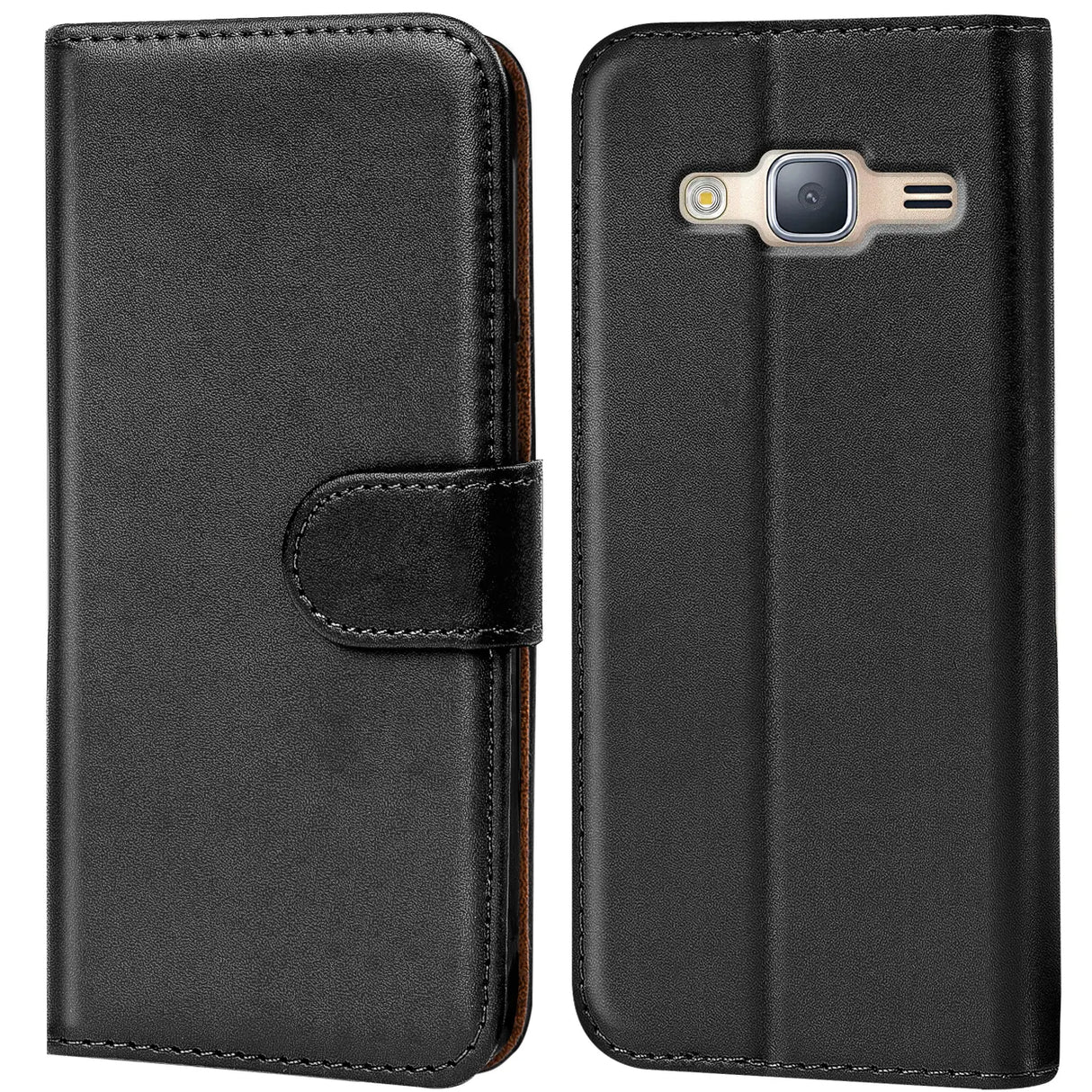 Samsung Galaxy J3 2016 Klapphülle in Schwarz mit Kartenfächern und Schutz