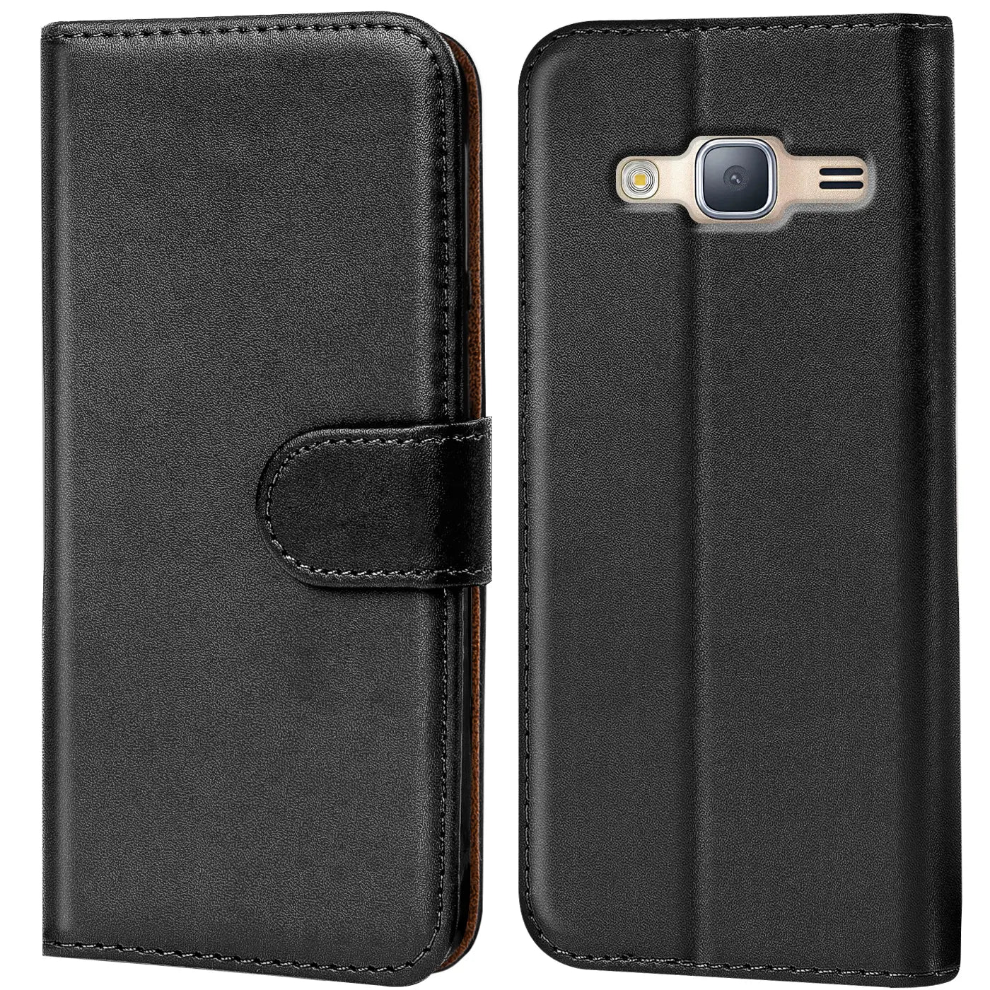 Schwarze Leder-Klapphülle, Vorder- und Rückseite, für Samsung Galaxy J3 2016.
