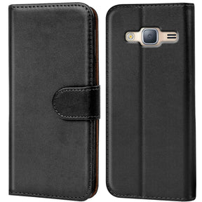 Samsung Galaxy J3 2016 Klapphülle in Schwarz mit Kartenfächern und Schutz