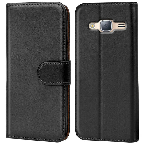 Samsung Galaxy J3 2016 Klapphülle in Schwarz mit Kartenfächern und Schutz
