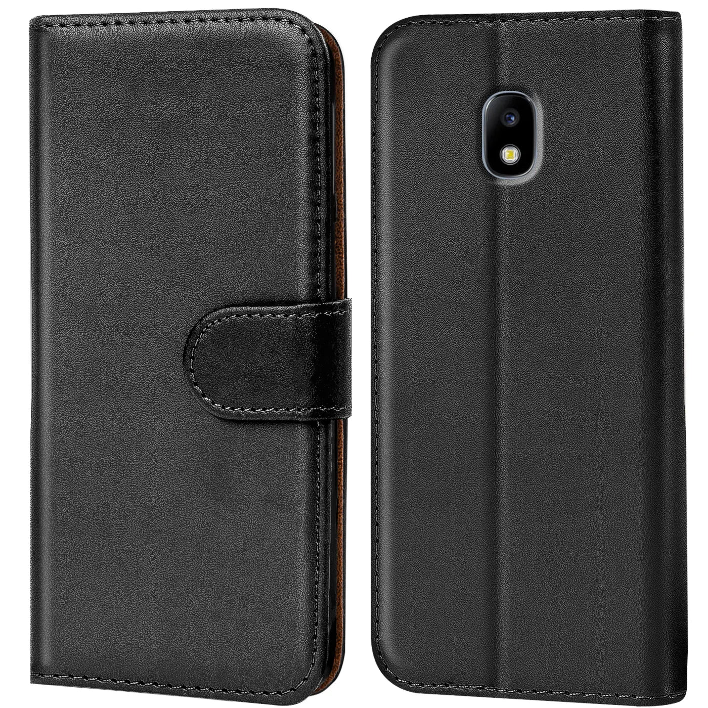 Schwarze Leder-Klapphülle mit Kartenfächern, Vorder- und Rückansicht, Samsung Galaxy J3 2017