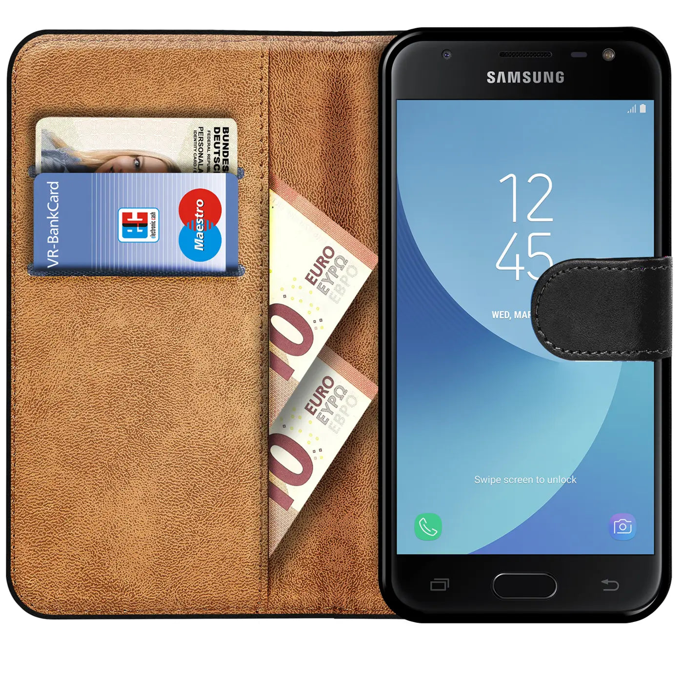 Braune Kunstleder-Klapphülle mit Kartenfächern, zeigt Samsung Galaxy J3 2017.