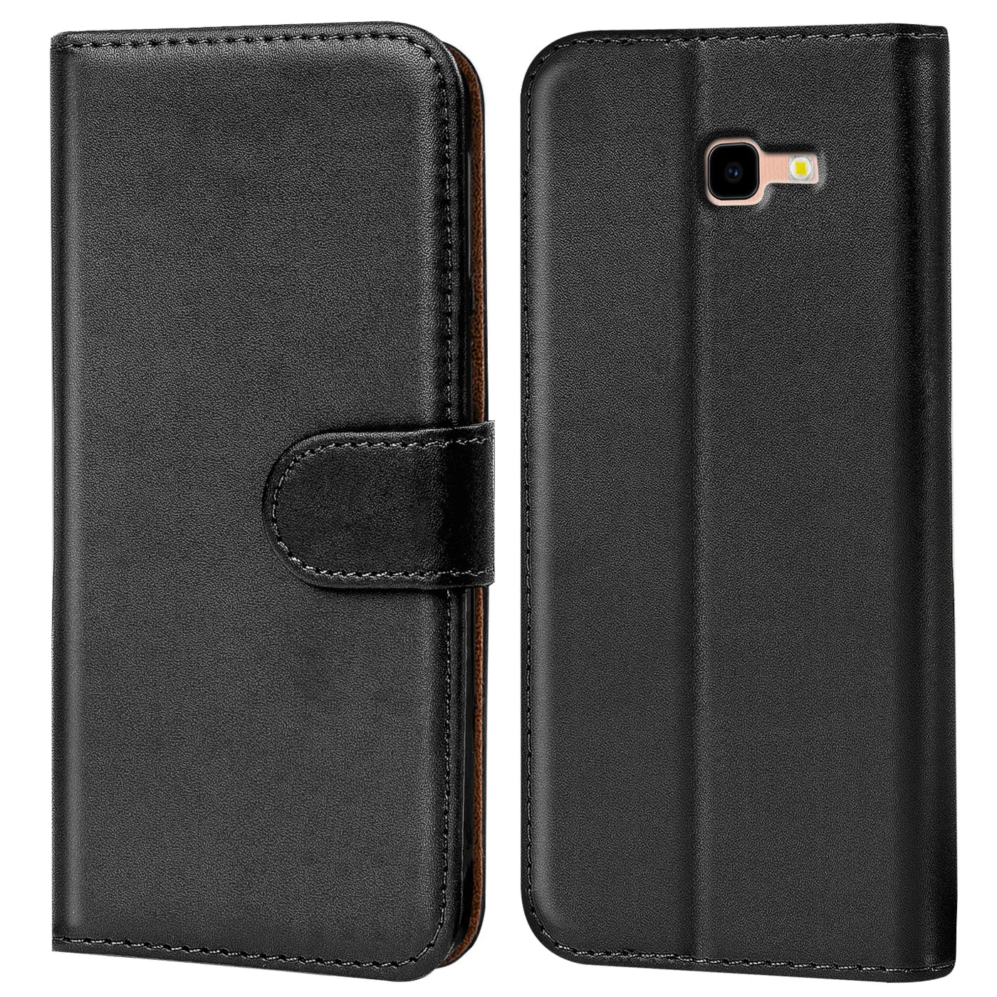 Schwarze Leder-Klapphülle mit Kartenfächern, Vorder- und Rückansicht, für Samsung Galaxy J4 Plus