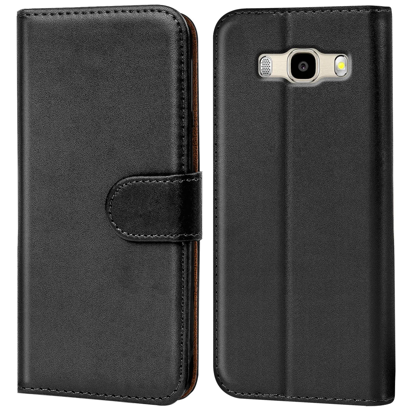 Schwarze Leder-Klapphülle mit Kartenfächern, Vorder- und Rückansicht, für Samsung Galaxy J5 2016
