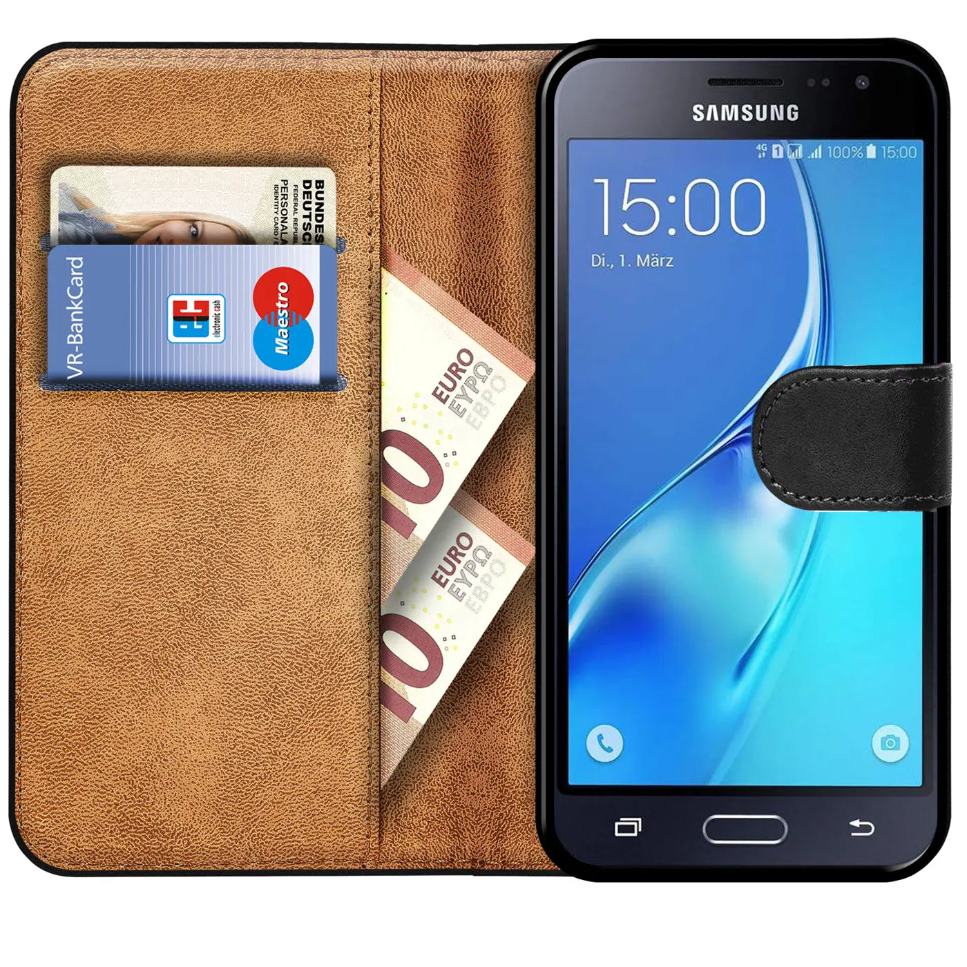 Braune Kunstleder-Klapphülle mit Kartenfächern, zeigt Samsung Galaxy J5 2016.
