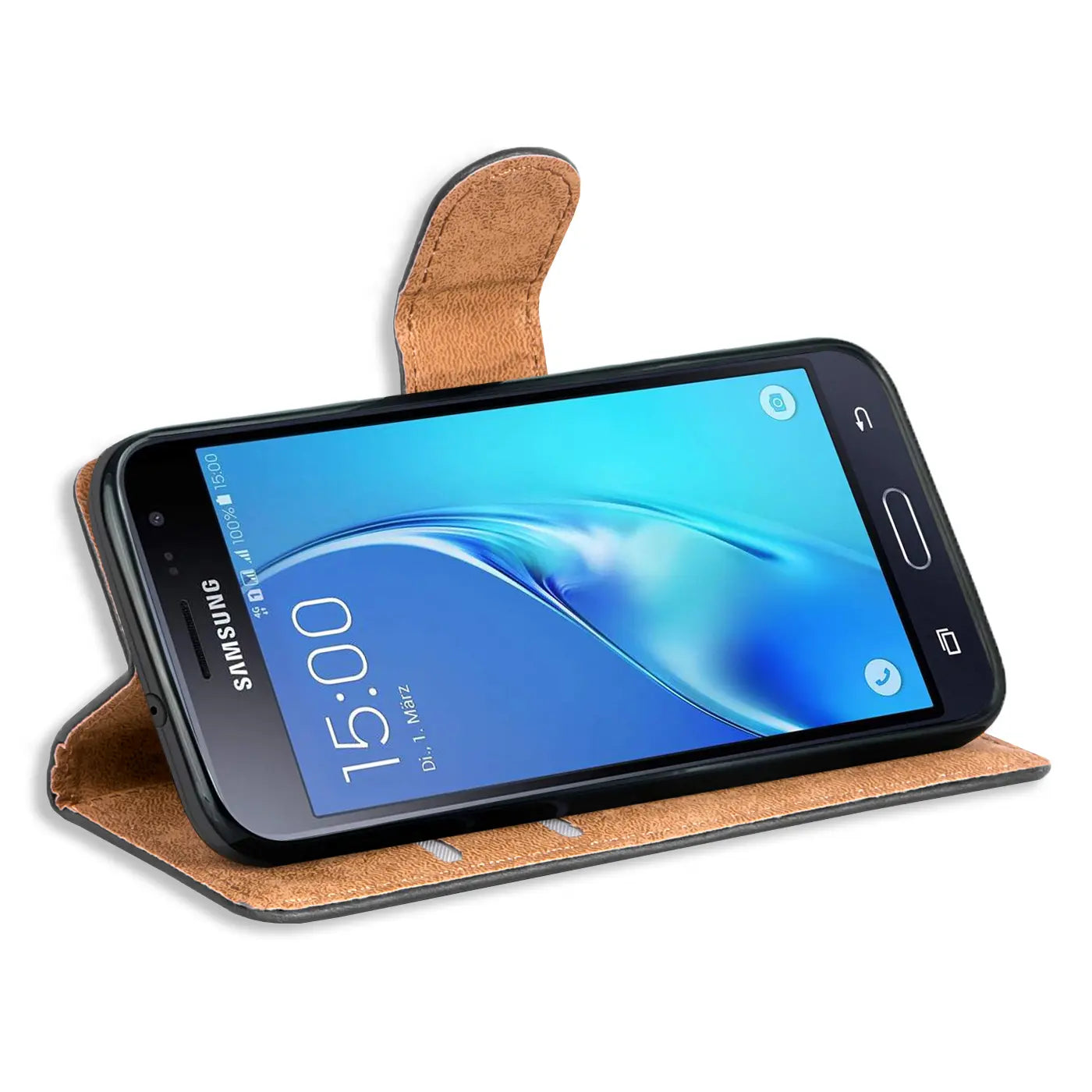 Braune Kunstleder-Klapphülle mit offenem Samsung Galaxy J5 2016, von vorne schräg.