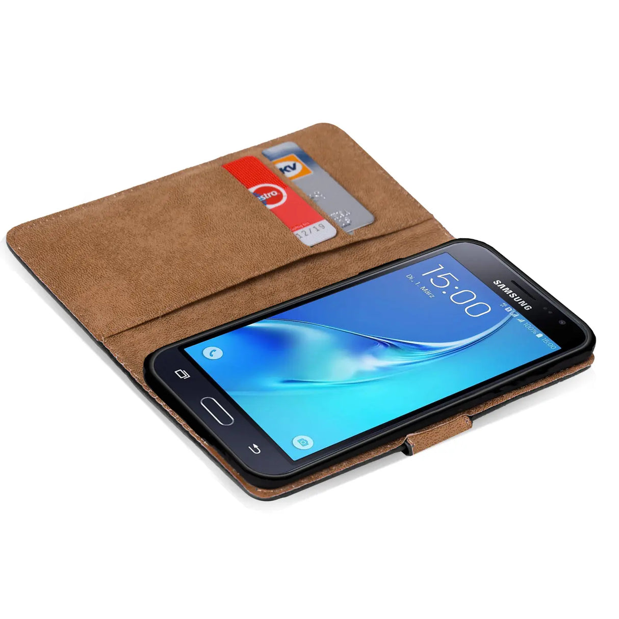 Samsung Galaxy J5 2016 Klapphülle in Schwarz mit Kartenfächern und Schutz