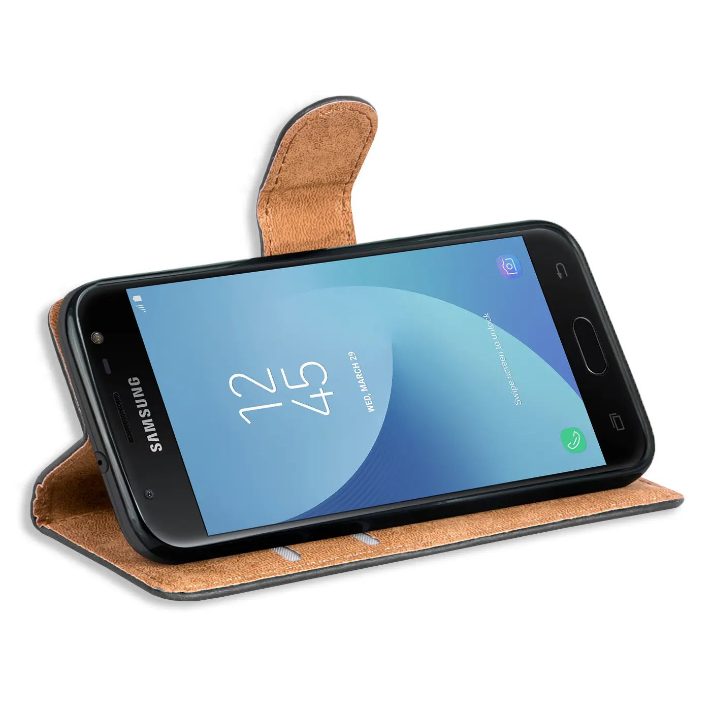 Braune Leder-Klapphülle mit Samsung Galaxy J5 2017, von vorne schräg
