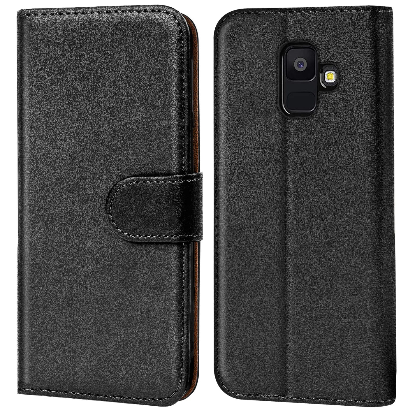 Schwarze Leder-Klapphülle mit Kartenfächern, Vorder- und Rückansicht, für Samsung Galaxy J6 2018.
