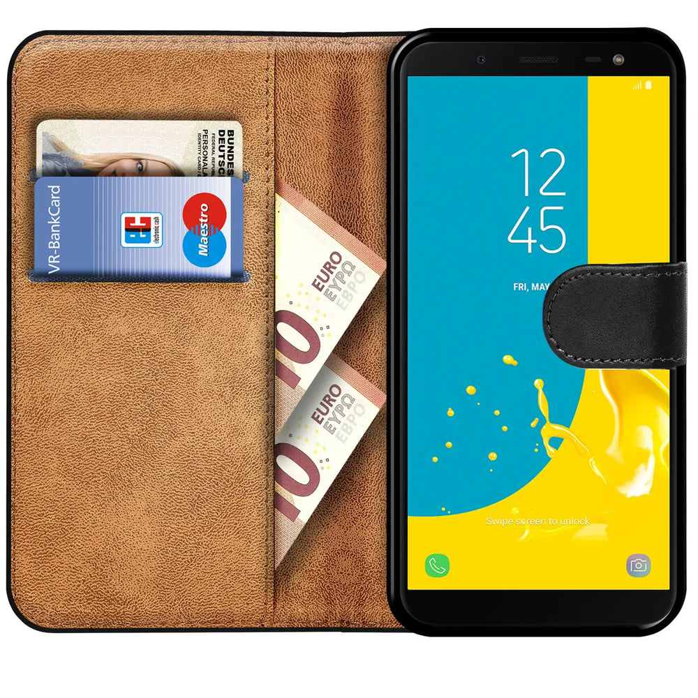 Braune Leder-Klapphülle mit Kartenfächern und Geldscheinen, zeigt Samsung Galaxy J6 2018.