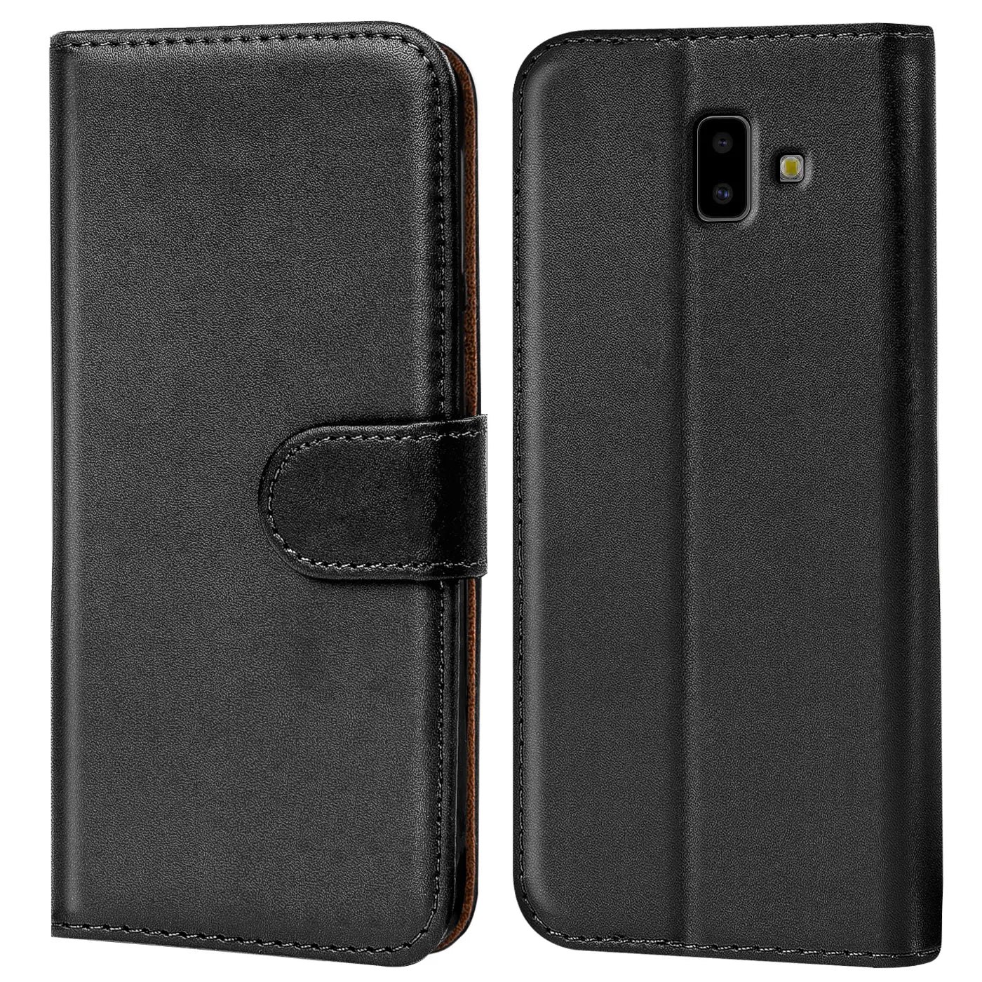 Schwarze Leder-Klapphülle mit Kartenfächern, Vorder- und Rückansicht, für Samsung Galaxy J6 Plus.