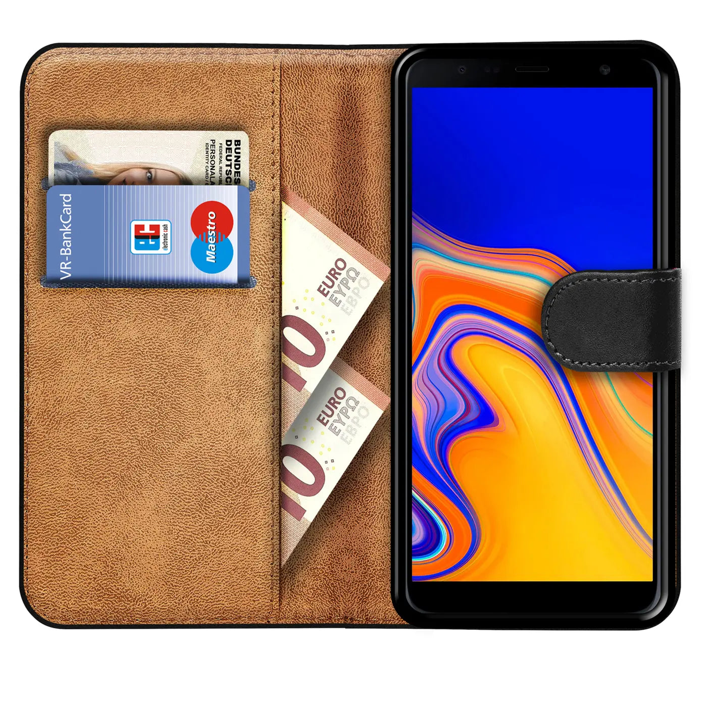Braune Kunstleder-Klapphülle mit Kartenfächern und Geldscheinfach, zeigt Samsung Galaxy J6 Plus.