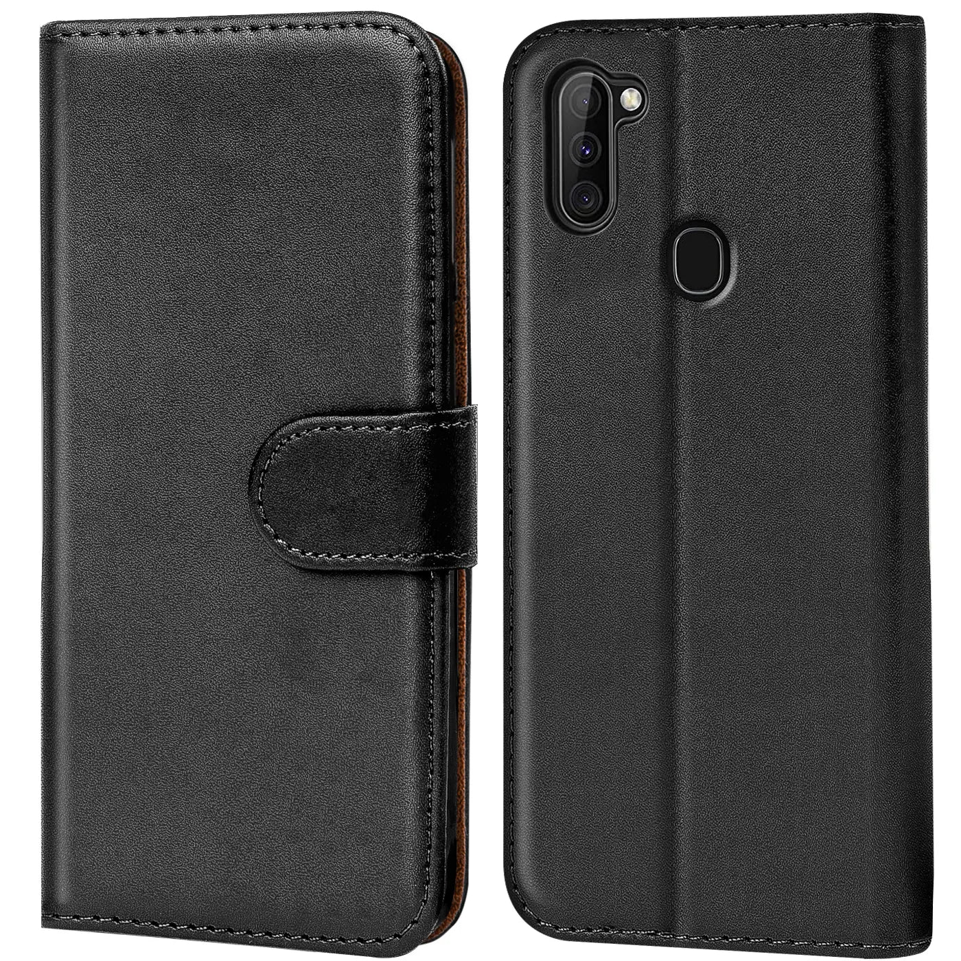 Schwarze Leder-Klapphülle mit Kartenfächern, Vorder- und Rückansicht, für Samsung Galaxy M11.