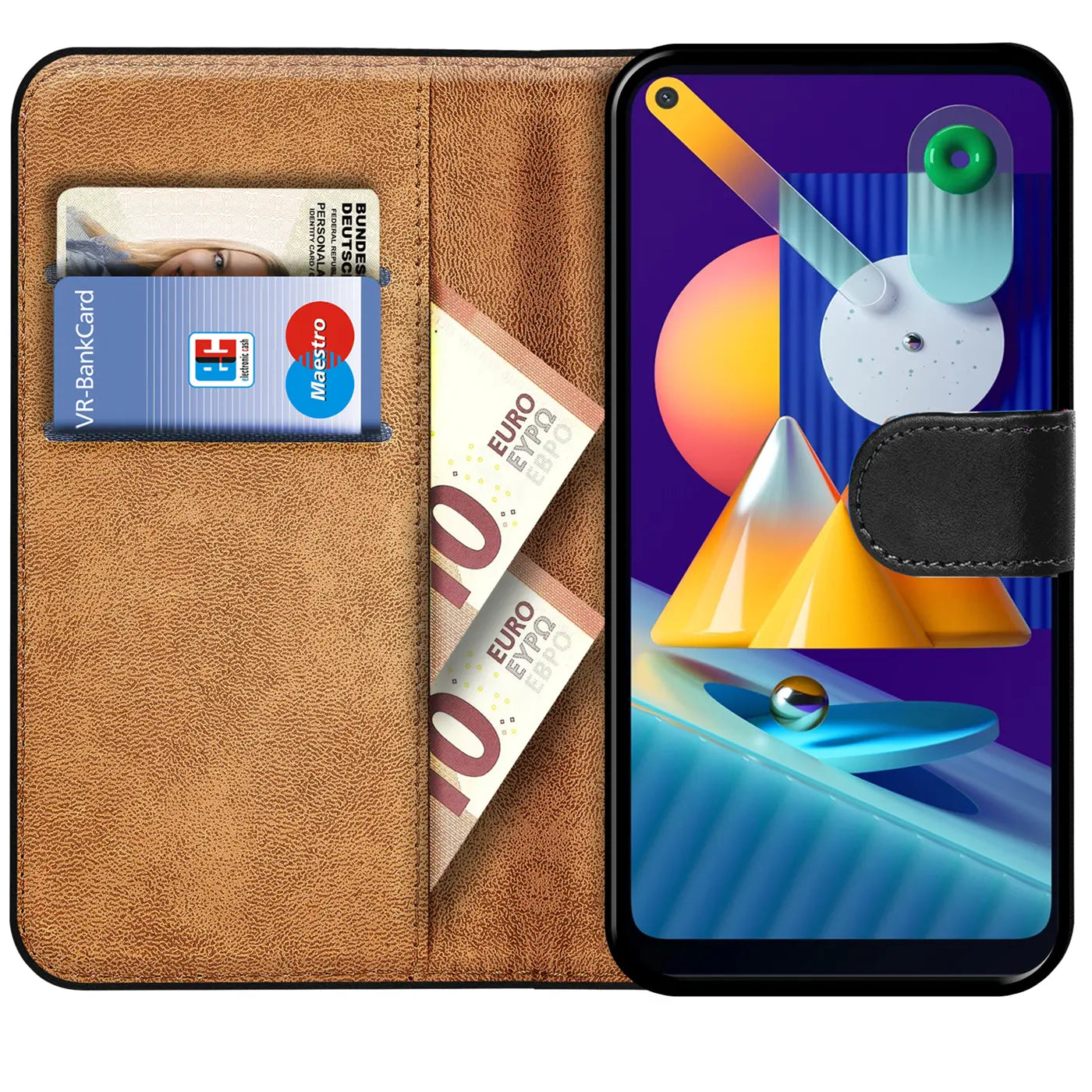 Braune Leder-Klapphülle mit Kartenfächern und Samsung Galaxy M11, von vorne