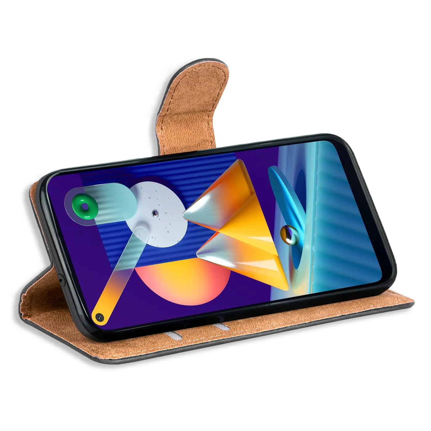 Braune Kunstleder-Klapphülle mit Kartenfächern, zeigt Samsung Galaxy M11, Seitenansicht.