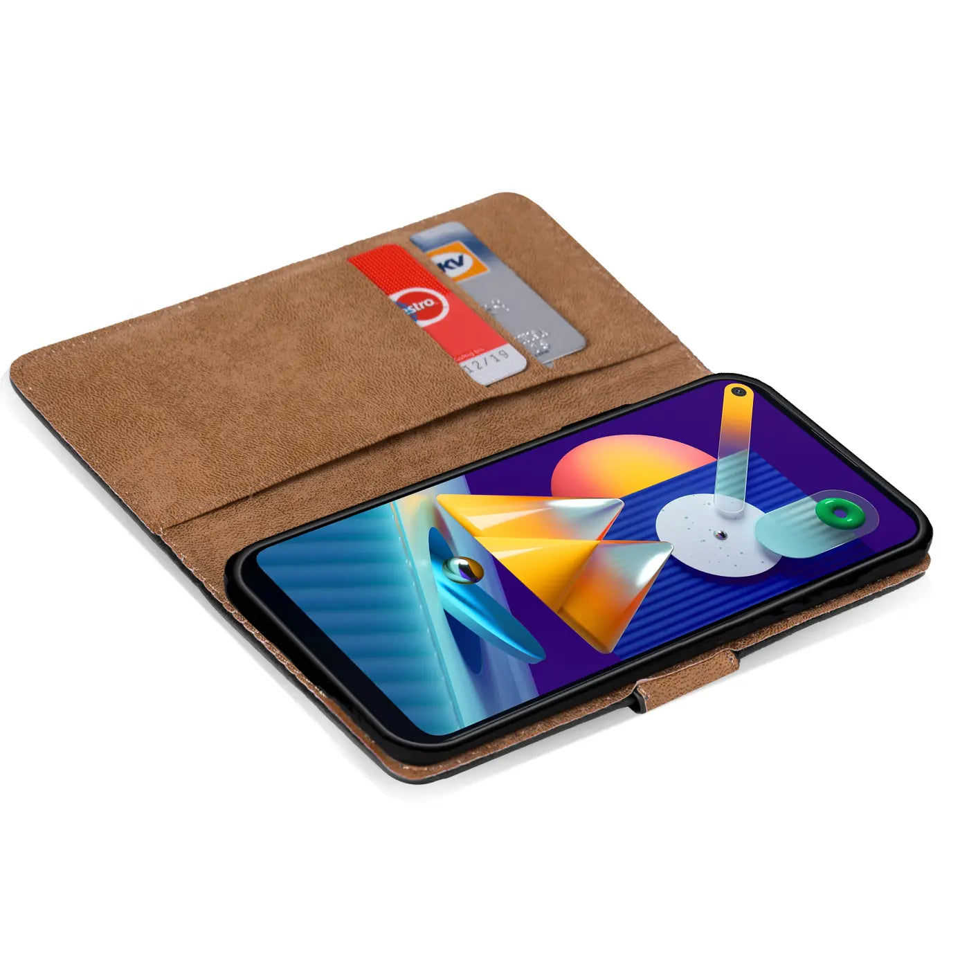 Braune Kunstleder-Klapphülle mit Kartenfächern, zeigt Samsung Galaxy M11, von oben.