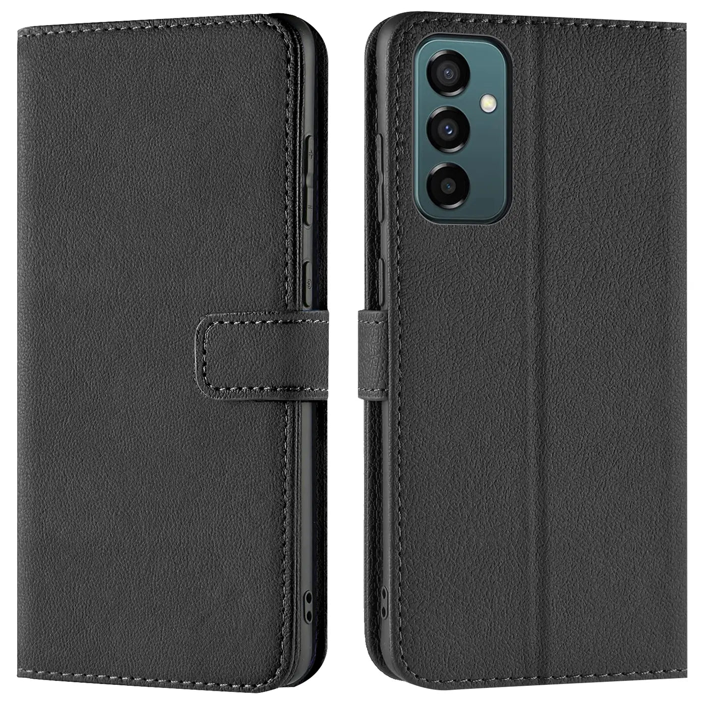 Schwarze Kunstleder-Klapphülle mit Kartenfächern, Vorder- und Rückansicht, Samsung Galaxy M23 5G/M13.