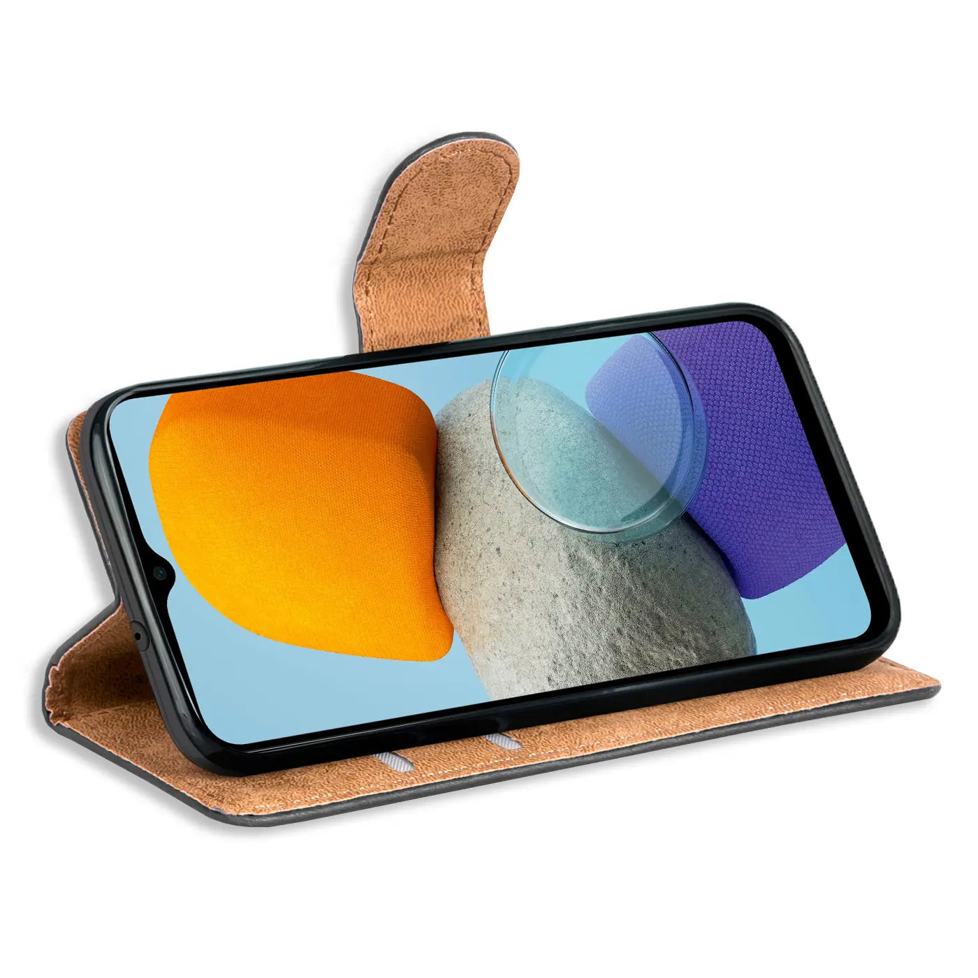 Braune Kunstleder-Klapphülle mit Kartenfächern, seitliche Ansicht, zeigt Samsung Galaxy M23 5G