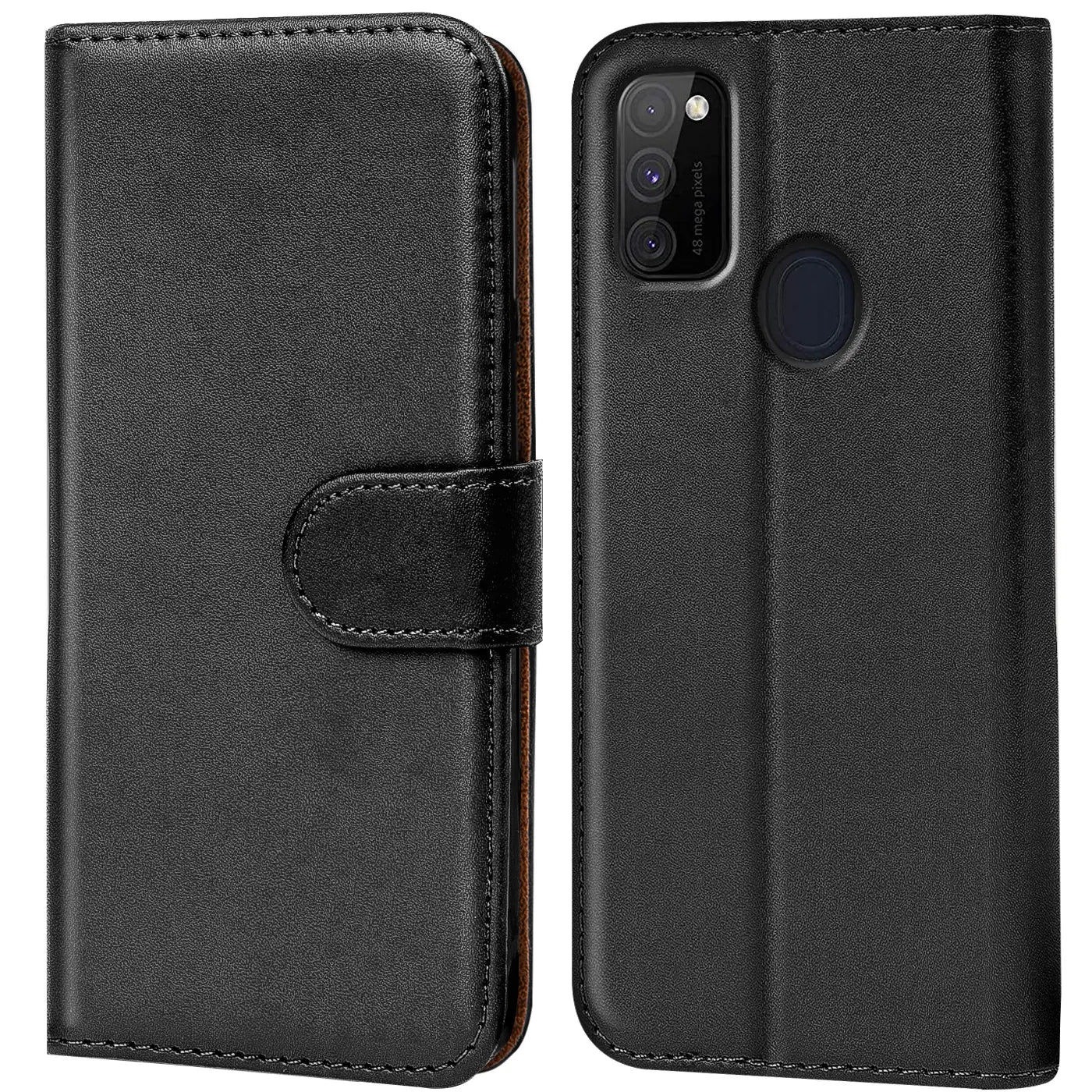 Schwarze Leder-Klapphülle mit Kartenfächern, Vorder- und Rückansicht, für Samsung Galaxy M30s/M21