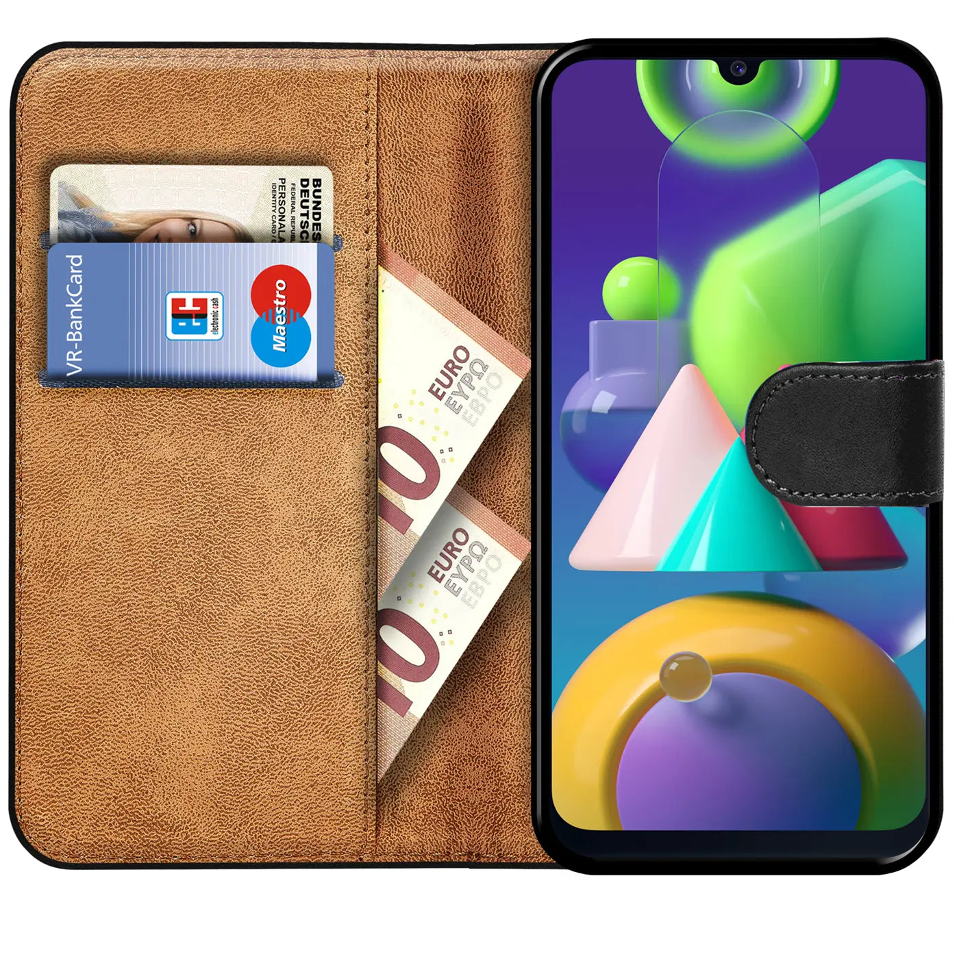 Braun lederne Klapphülle mit Kartenfächern und Geldscheinfach, zeigt Samsung Galaxy M21/M30s.