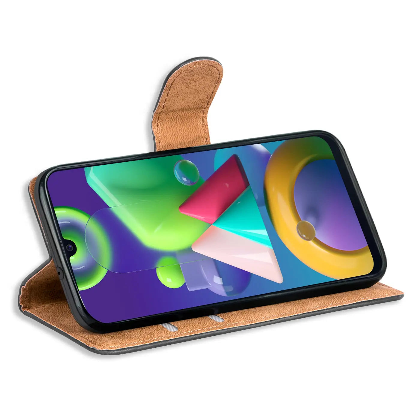 Braune Kunstleder-Klapphülle mit offenem Samsung M30s/M21, Seitenansicht.