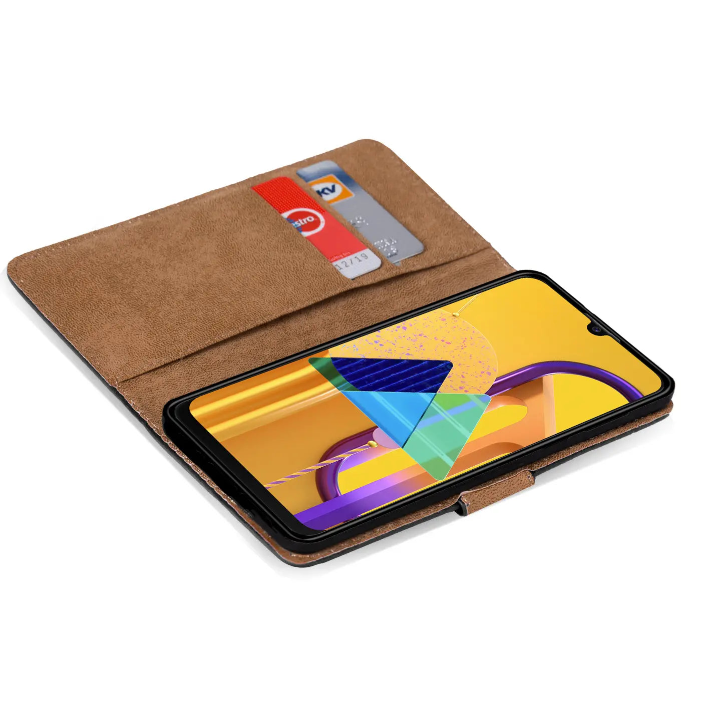 Braune Kunstleder-Klapphülle mit Kartenfächern, zeigt Samsung M30s/M21.