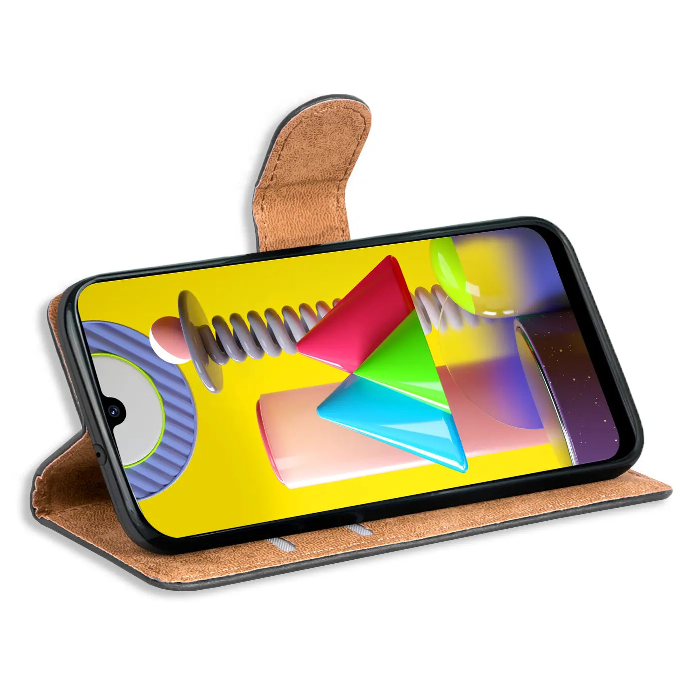 Braune Kunstleder-Klapphülle mit Kartenfächern, zeigt Samsung Galaxy M31.
