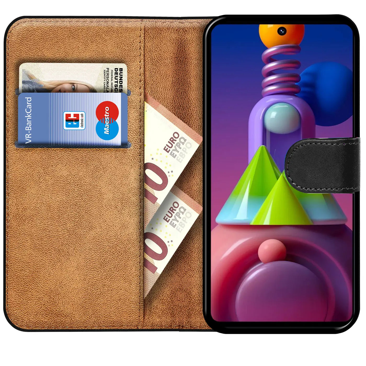Braune Leder-Klapphülle mit Kartenfächern und Samsung M31s, von vorne