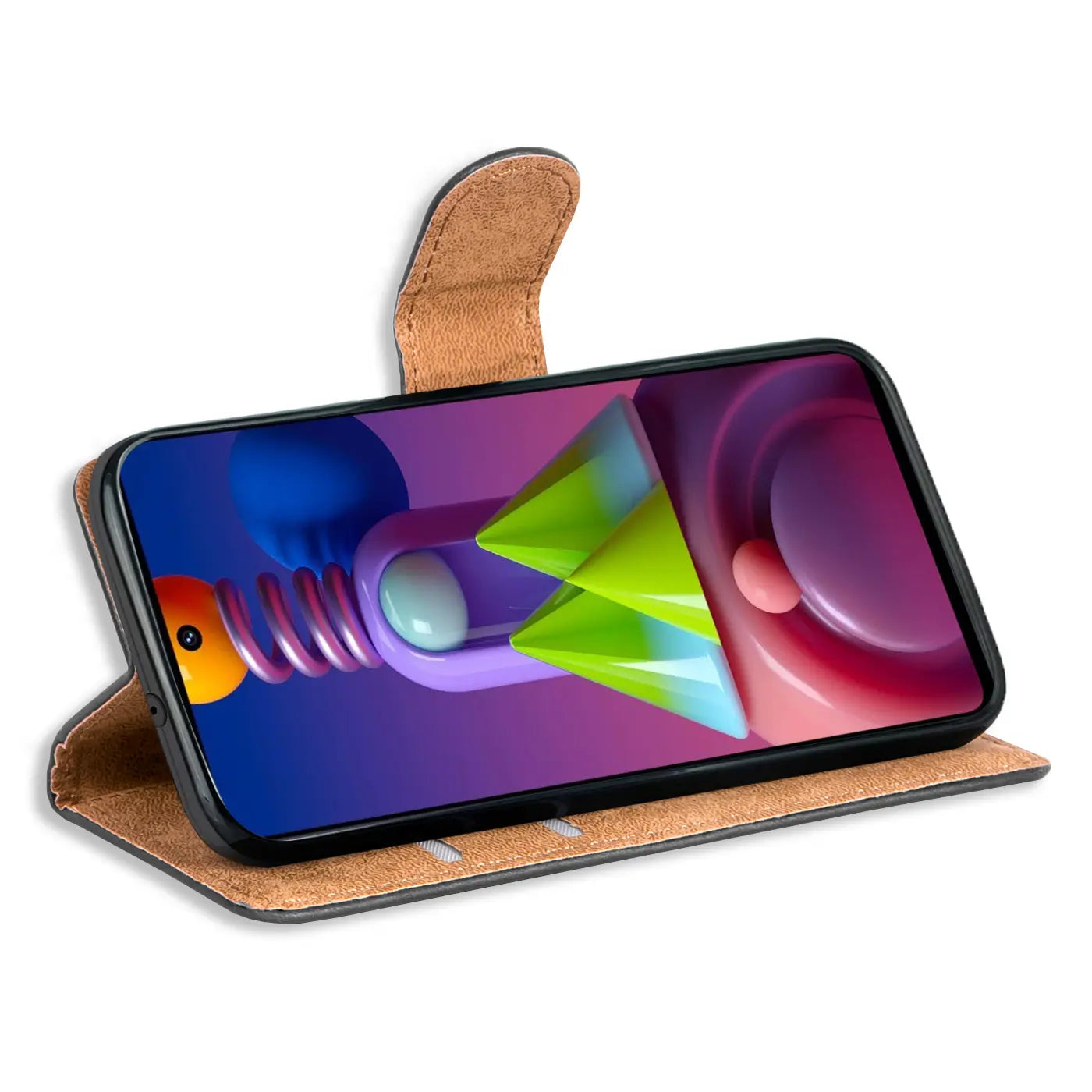 Braune Kunstleder-Klapphülle mit Kartenfächern, Samsung Galaxy M31s, Seitenansicht.