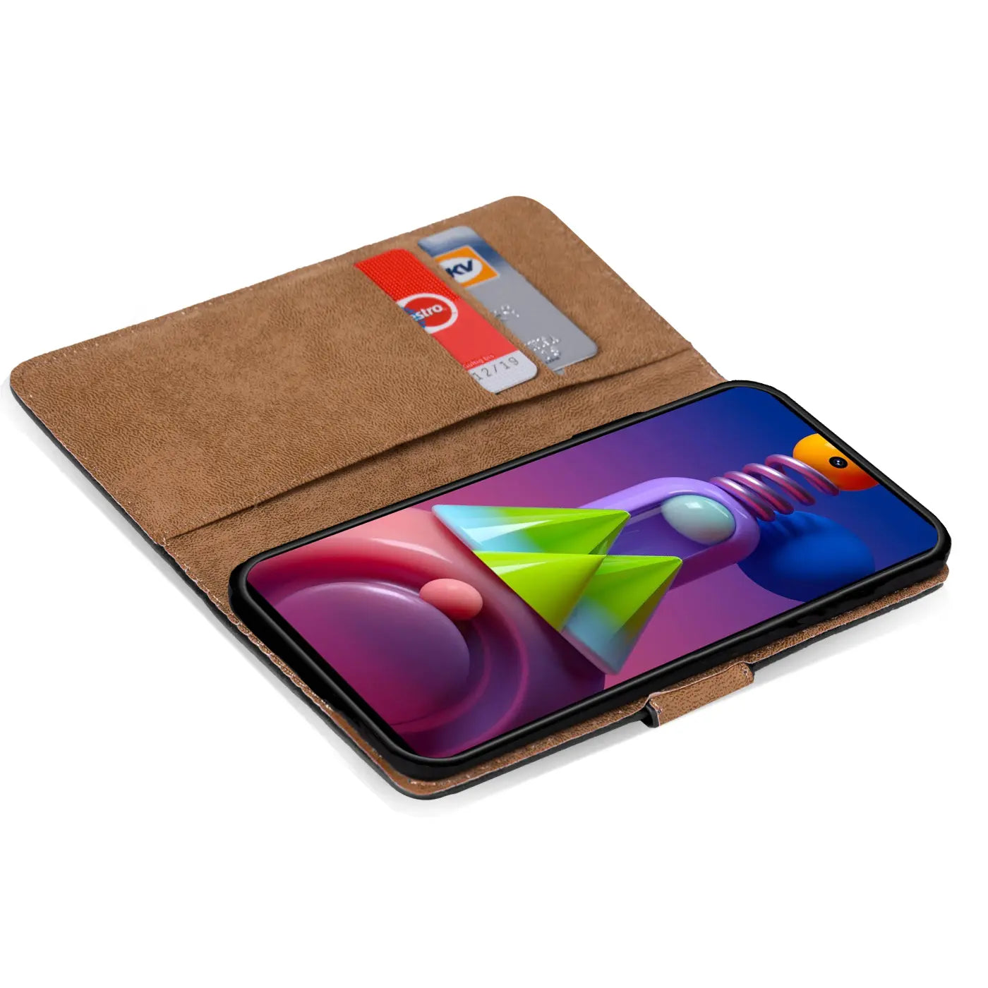 Braune Kunstleder-Klapphülle mit Kartenfächern, zeigt Samsung Galaxy M31s.