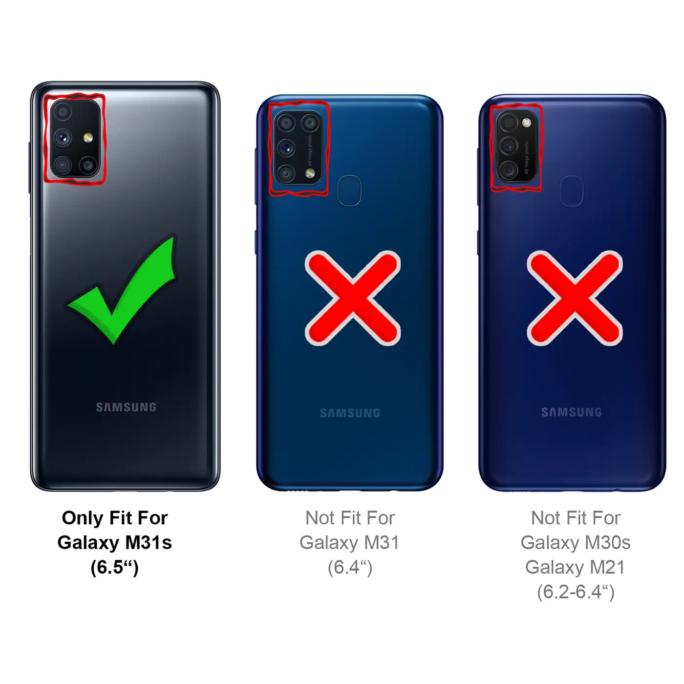 Drei Samsung-Handys, Rückansicht. Links passt, rechts nicht.