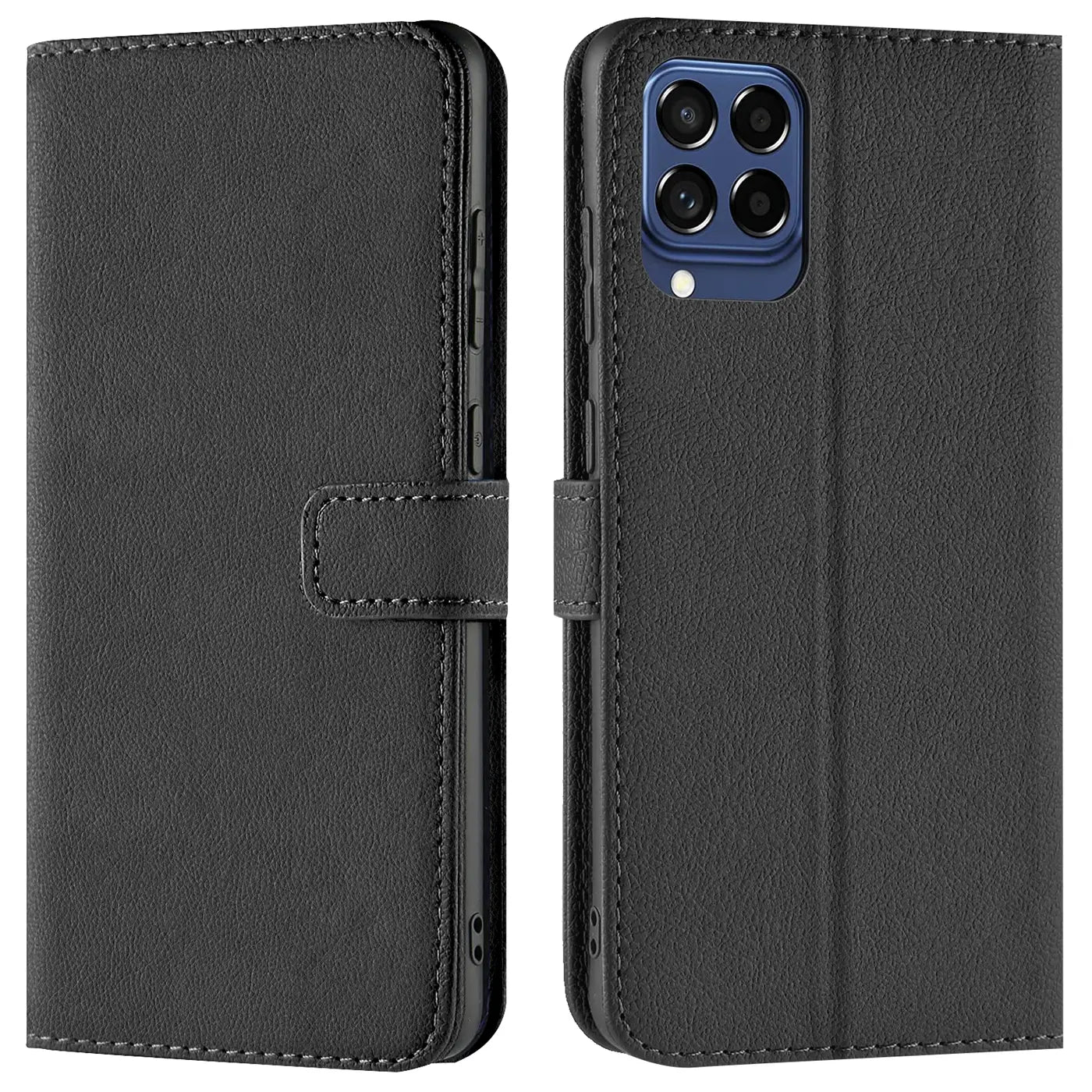 Schwarze Leder-Klapphülle mit Kartenfächern, Vorder- und Rückansicht, Samsung Galaxy M33 5G.