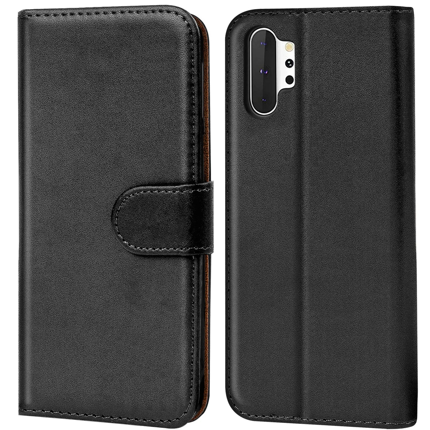 Schwarze Leder-Klapphülle mit Kartenfächern für Samsung Galaxy Note 10 Plus, Vorder- und Rückansicht.