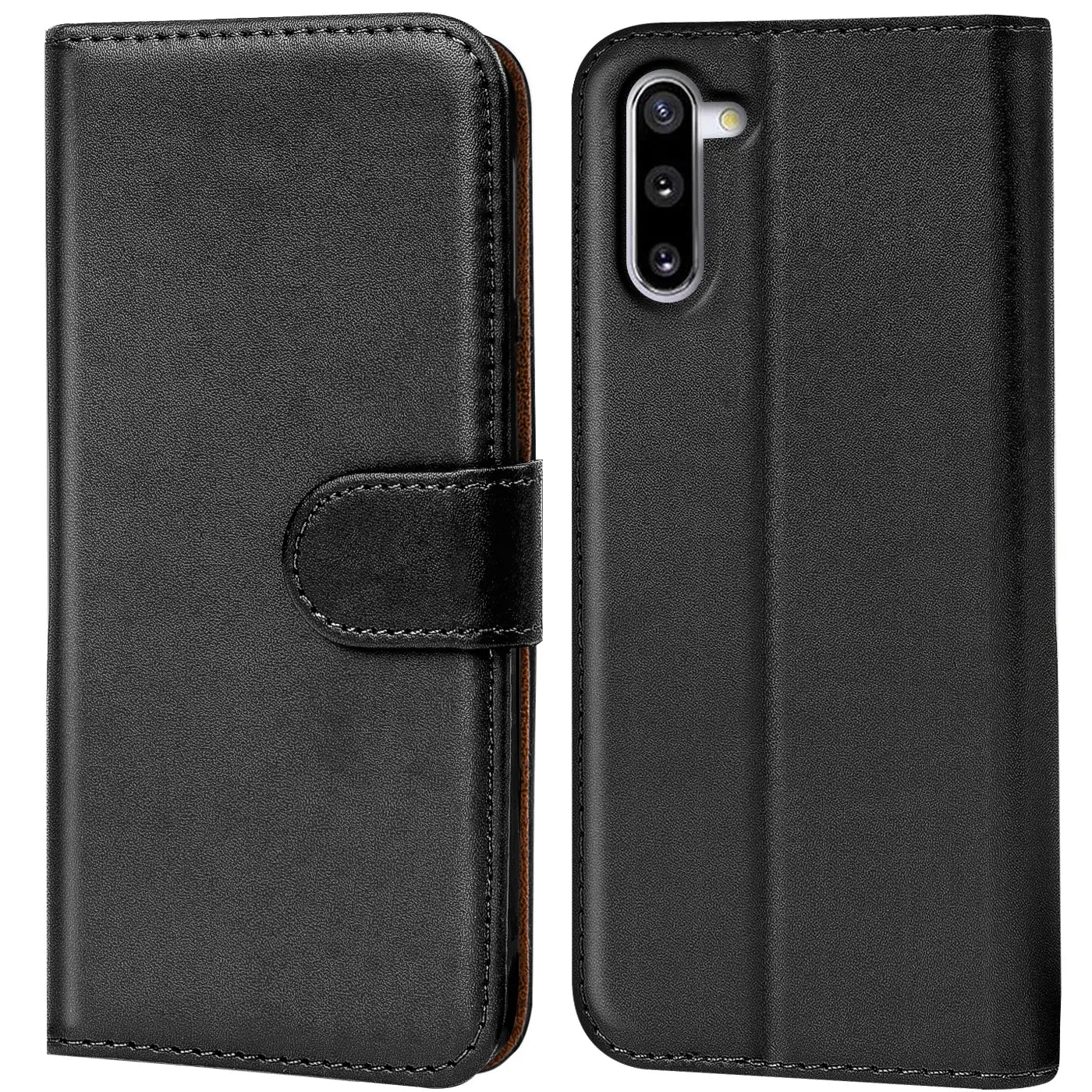 Schwarze Leder-Klapphülle mit Kartenfächern, Vorder- und Rückansicht, für Samsung Galaxy Note 10