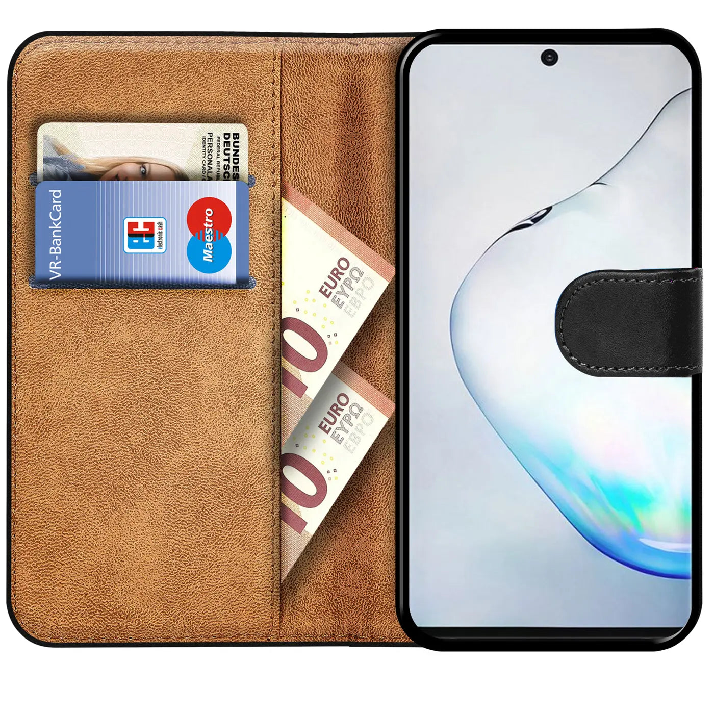 Braune Leder-Klapphülle mit Kartenfächern, zeigt Samsung Note 10, Geld, Karten.