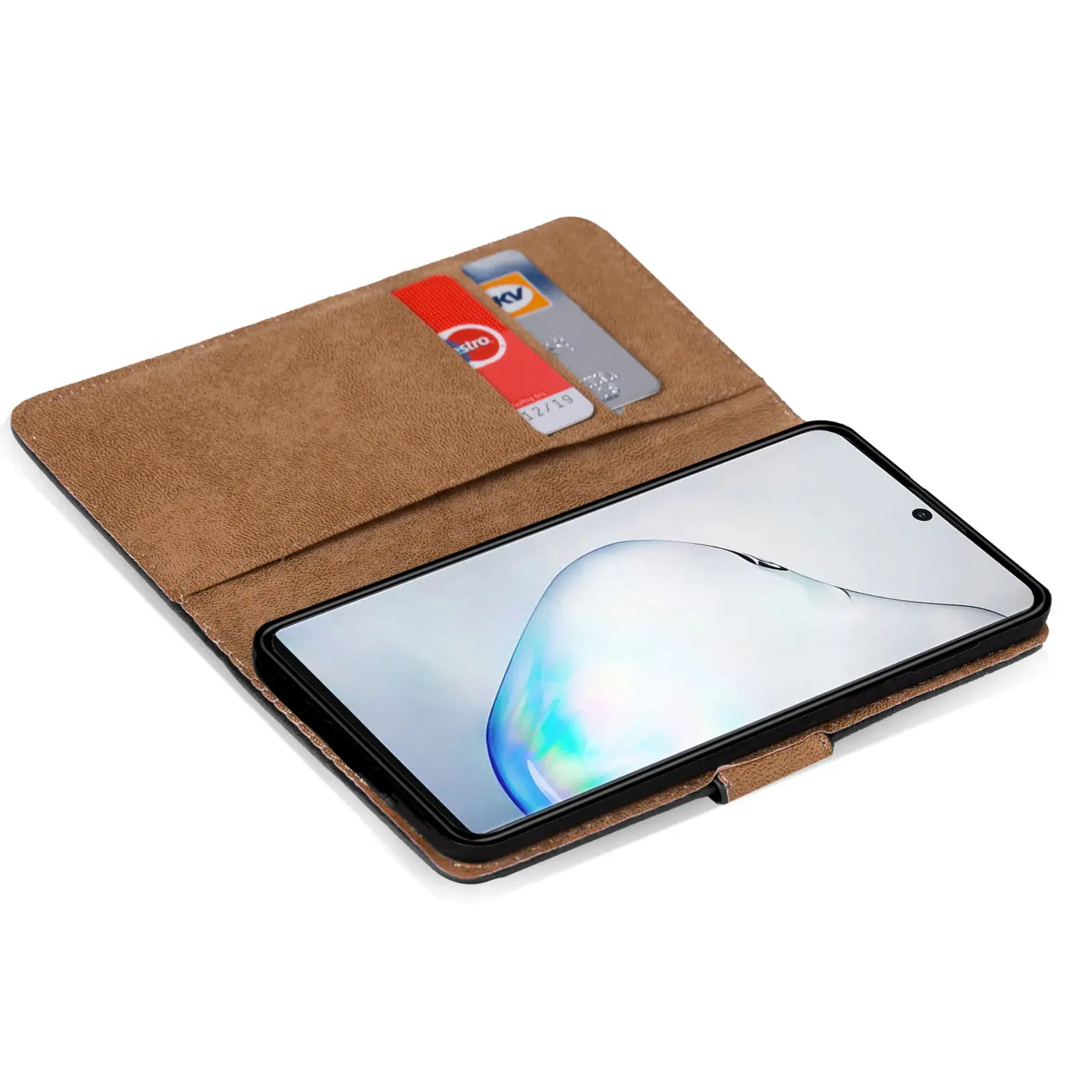 Braune Klapphülle aus Leder mit Kartenfächern, Samsung Galaxy Note 10, von oben