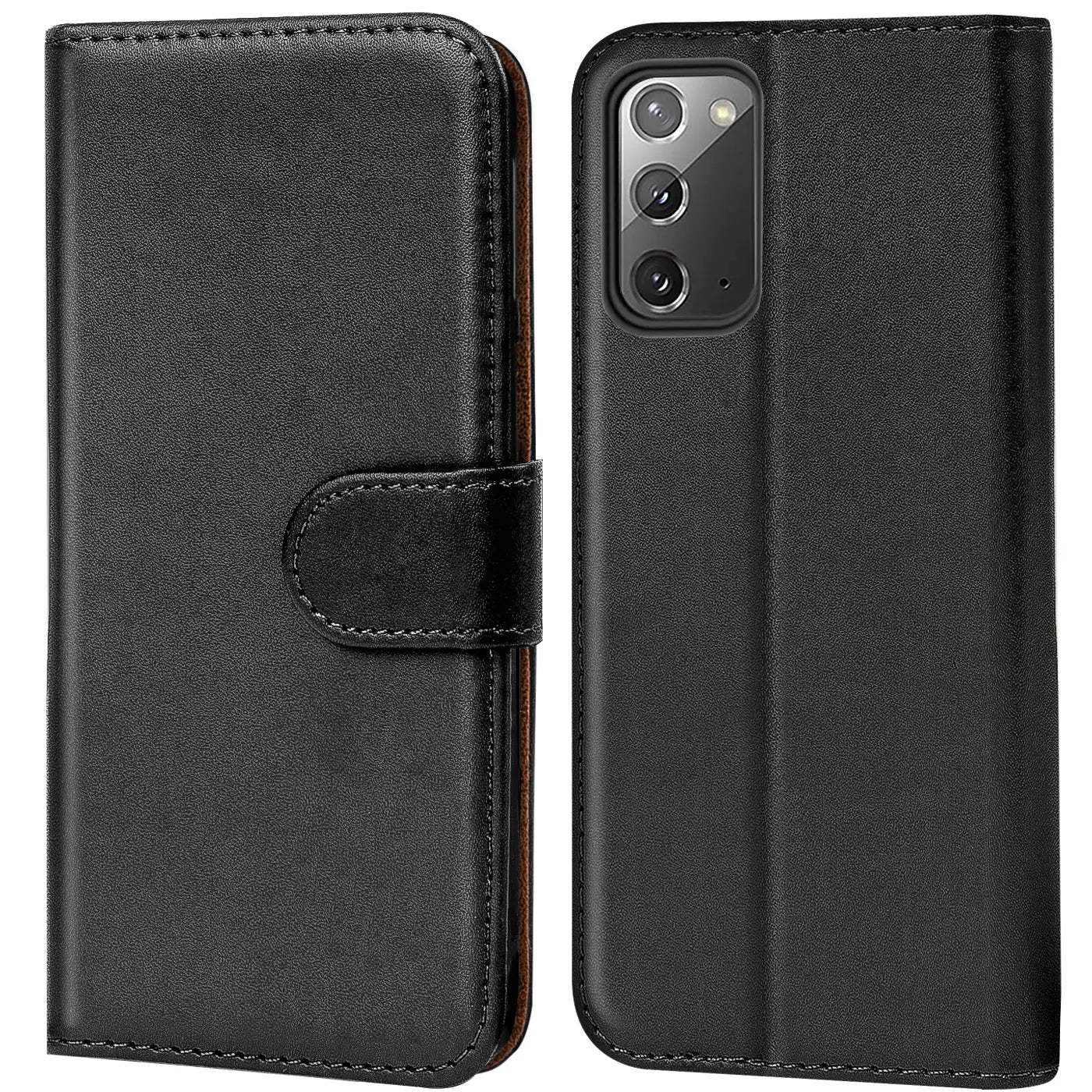 Schwarze Leder-Klapphülle mit Kartenfächern für Samsung Galaxy Note 20, Vorder- und Rückansicht.