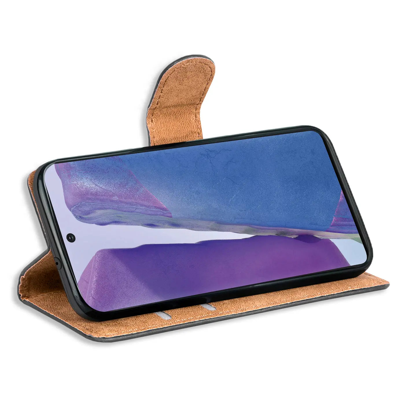 Braune Kunstleder-Klapphülle mit Kartenfächern für Samsung Galaxy Note 20, Seitenansicht.