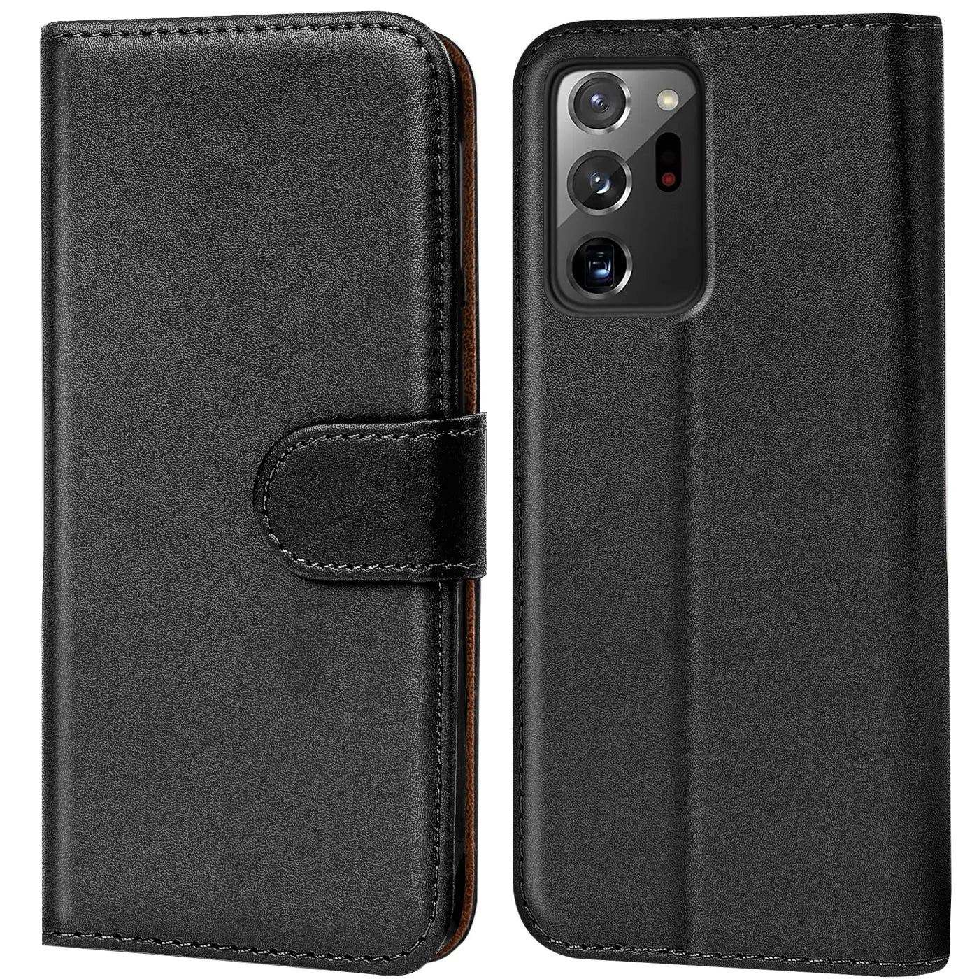 Schwarze Leder-Klapphülle mit Kartenfächern, Vorder- und Rückansicht, Samsung Galaxy Note 20 Ultra.