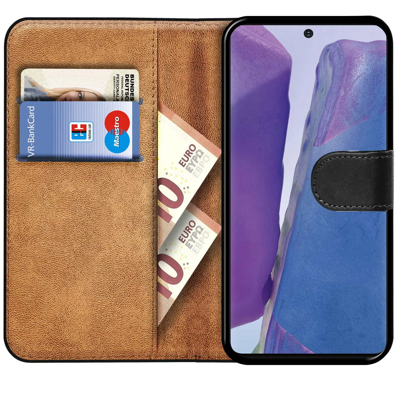 Braune Kunstleder-Klapphülle mit Kartenfächern und 10€-Scheinen, Samsung Note 20 Ultra.