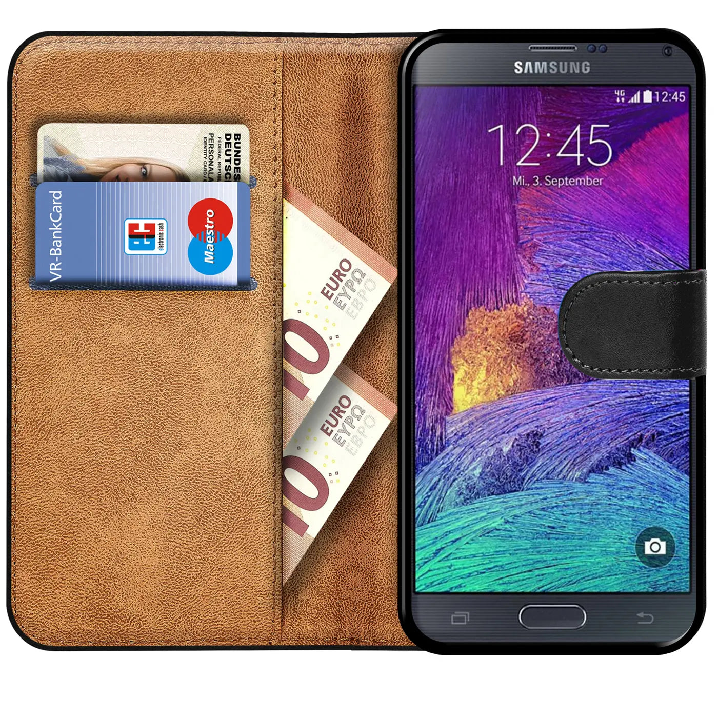 Braune Leder-Klapphülle mit Kartenfächern, zeigt Samsung Galaxy Note 4, von vorne