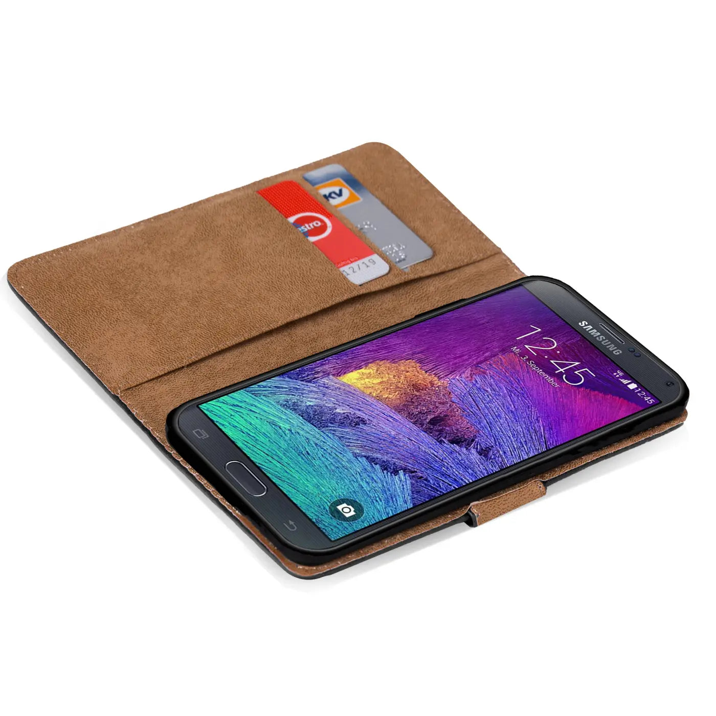 Braune Kunstleder-Klapphülle mit Kartenfächern, zeigt Samsung Galaxy Note 4, von oben.