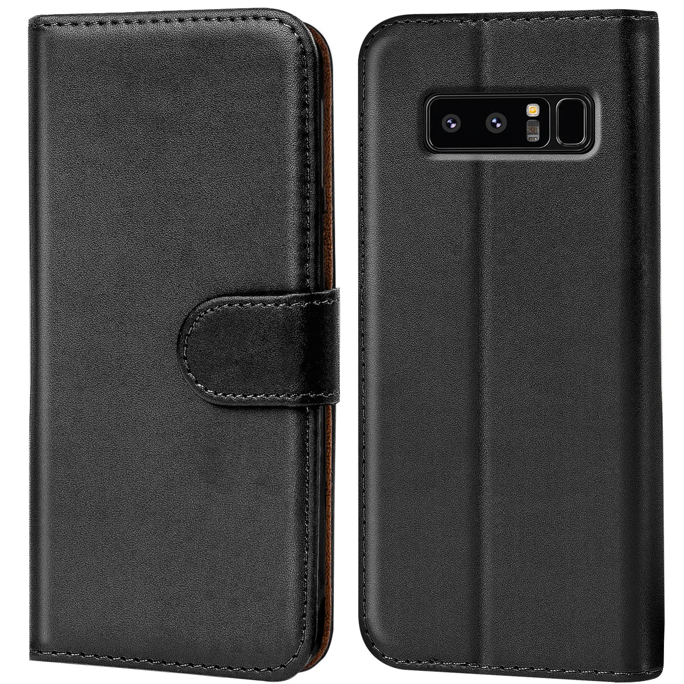 Schwarze Leder-Klapphülle mit Kartenfächern für Samsung Galaxy Note 8, Vorder- und Rückansicht.