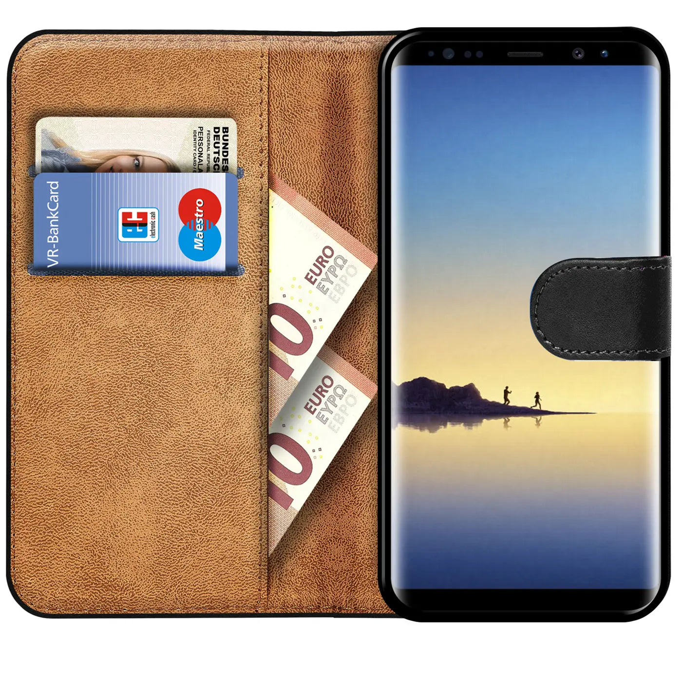 Braune Leder-Klapphülle mit Kartenfächern und Samsung Galaxy Note 8.