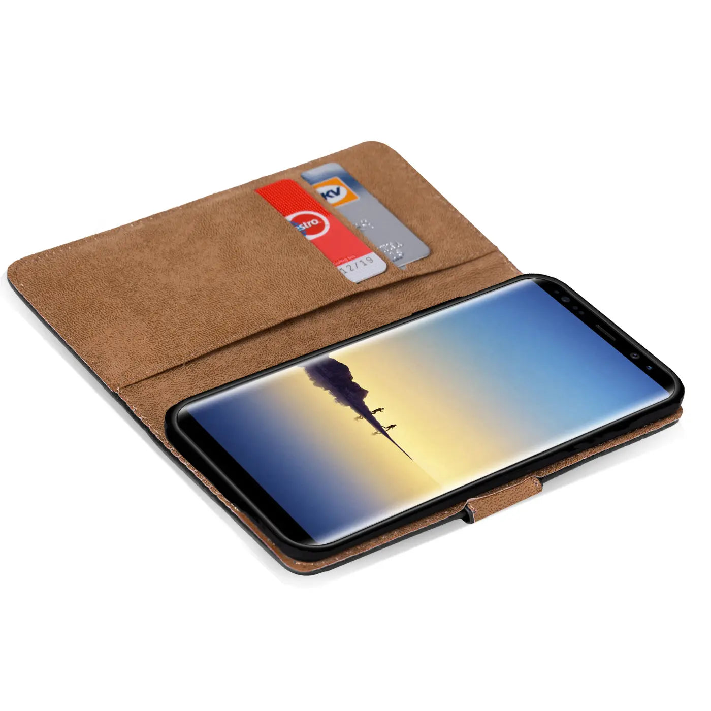 Braune Kunstleder-Klapphülle mit Kartenfächern, Samsung Galaxy Note 8, von oben schräg