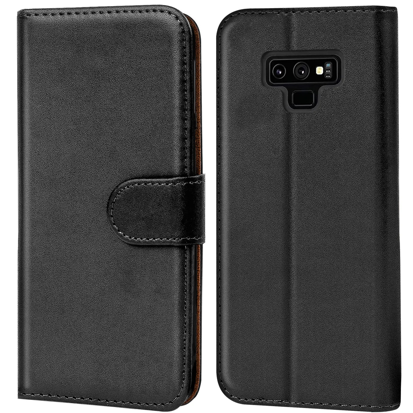 Schwarze Leder-Klapphülle mit Kartenfächern, Vorder- und Rückansicht, für Samsung Galaxy Note 9.