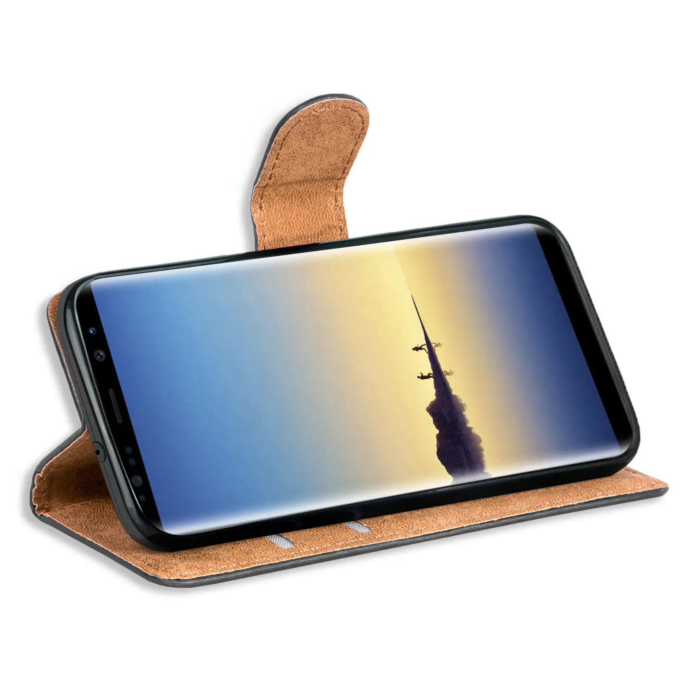 Braune Kunstleder-Klapphülle mit Kartenfächern, Samsung Galaxy Note 9, Seitenansicht.