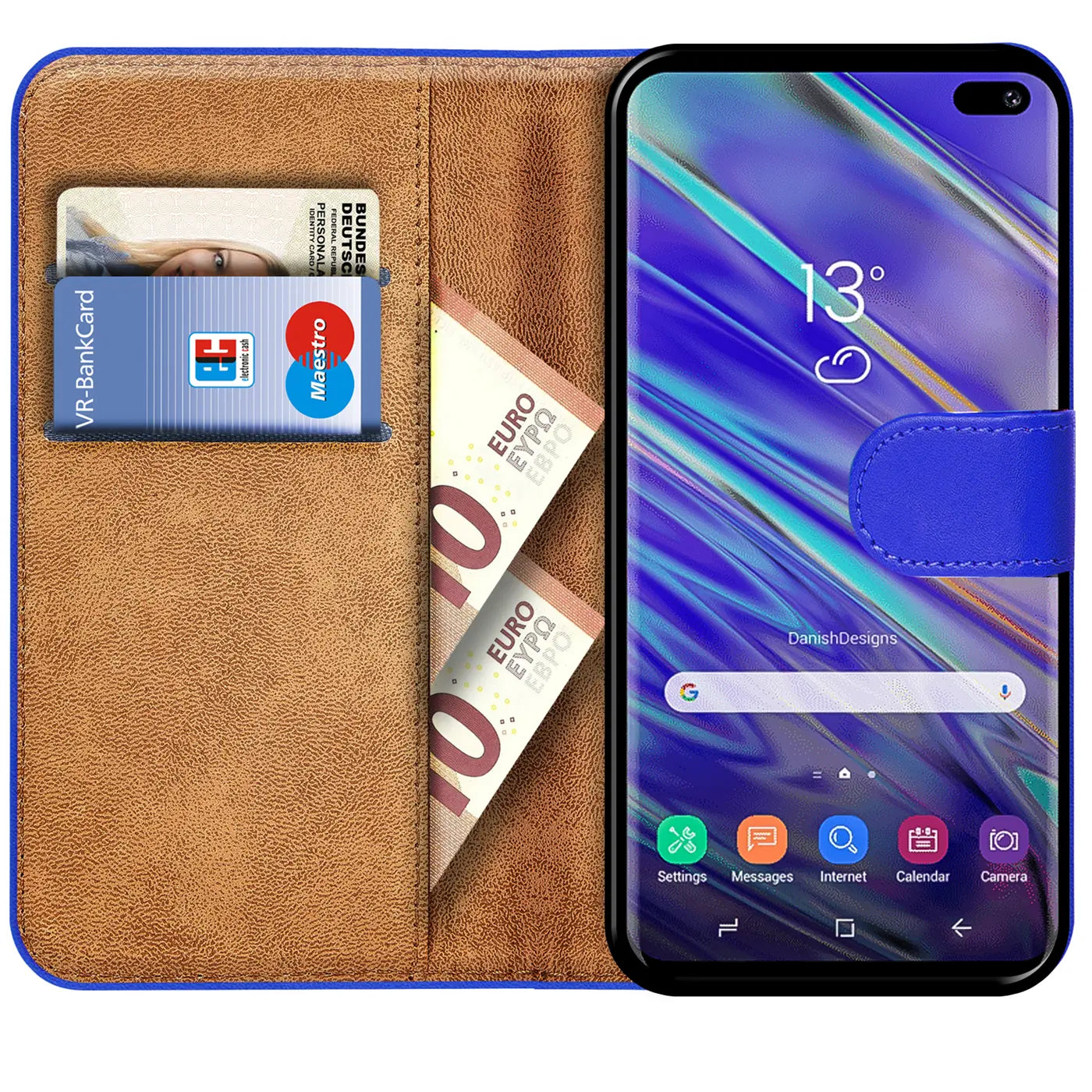 Blaue Klapphülle aus Lederimitat mit Kartenfächern, zeigt Samsung Galaxy S10, von vorne.