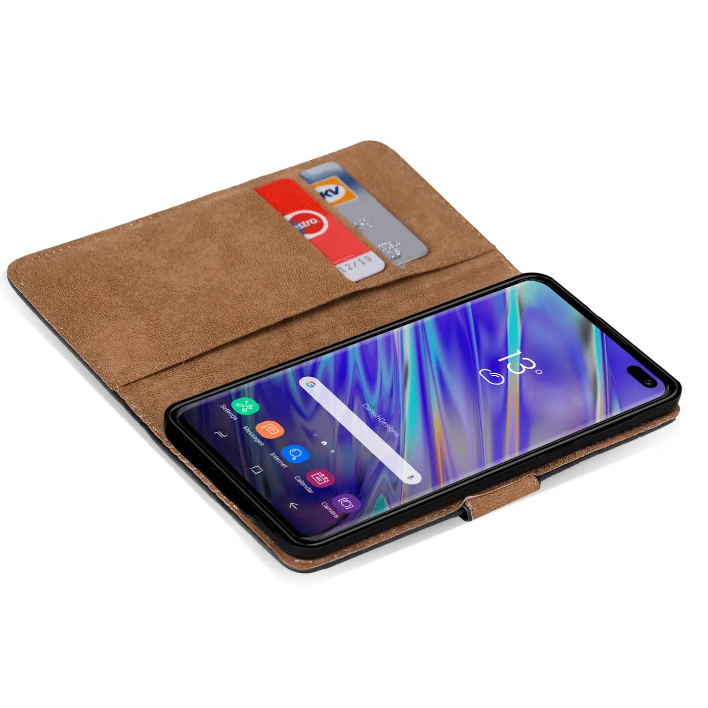Braune Kunstleder-Klapphülle mit Kartenfächern, Samsung Galaxy S10, von oben links